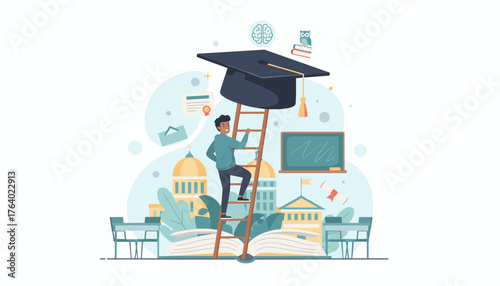 Vibrant illustration depicting a student climbing a ladder towards a graduation cap, symbolizing academic achievement and the pursuit of higher education, surrounded by educational icons like books