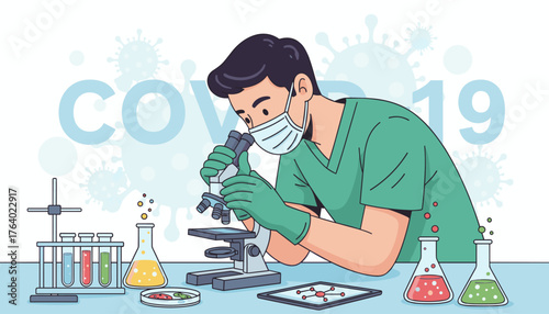 A scientist wearing a face mask and green gloves is intently examining a sample under a microscope in a brightly lit laboratory, surrounded by scientific equipment and flasks, with the word "COVID