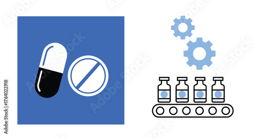 Pharmaceutical production line with medicine capsules vials and cogwheels symbolizing manufacturing process