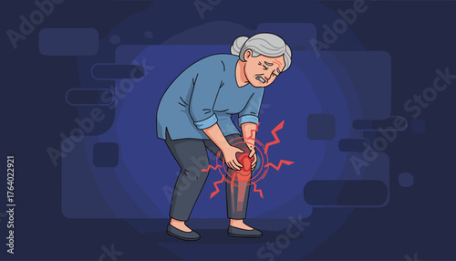 Elderly woman with gray hair, hunched over in pain, clutching her knee which is highlighted with red radiating lines indicating severe discomfort and inflammation, representing joint pain and