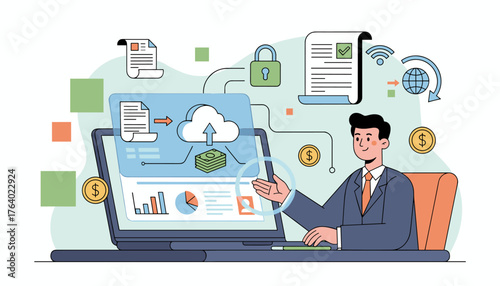 Modern business concept illustration of a man in a suit interacting with a laptop displaying cloud storage, digital invoices, financial charts, and online statements, symbolizing digital