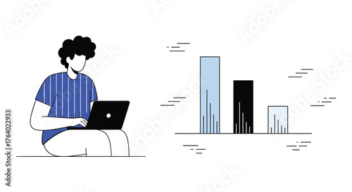 Person working on laptop next to a bar graph showing business growth and decline