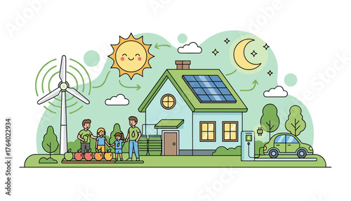 Vibrant flat vector illustration of a sustainable eco-friendly home powered by renewable energy sources like solar panels and a wind turbine, featuring a happy family, organic garden, and an electric