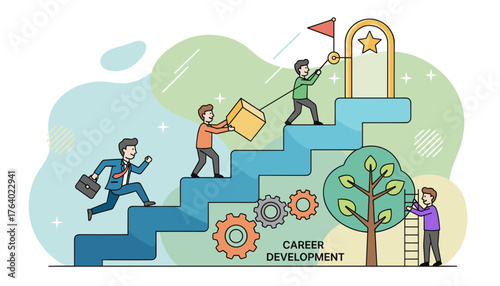 Flat style illustration of a businessman running up stairs towards a goal, symbolizing career development, growth, and success with elements like gears, a tree, and a star archway, representing