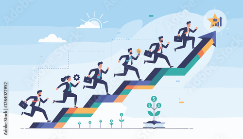 Vibrant illustration depicting a diverse group of business professionals running up a colorful, ascending graph symbolizing career growth, development, and strategic advancement towards a golden star