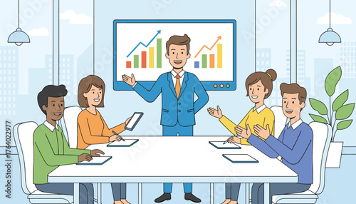 A diverse team of professionals in a modern office setting, gathered around a conference table, attentively listening to a smiling businessman presenting a positive sales growth chart on a large