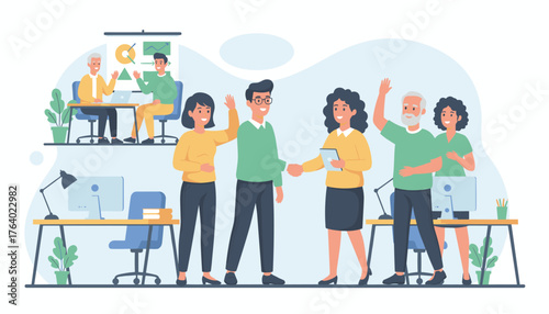 Diverse group of colleagues in a modern office setting, warmly welcoming a new team member with handshakes and waves, illustrating successful onboarding and positive workplace integration, with