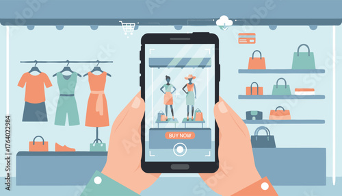 Hands holding a smartphone, capturing a photo of a virtual fashion store display with mannequins and clothing, representing online shopping and e-commerce technology, with icons for shopping cart