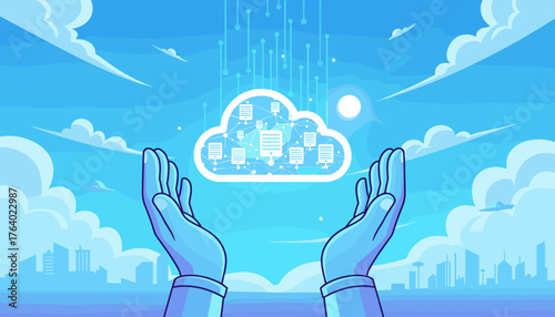 Abstract illustration of two hands cradling a glowing cloud icon filled with data documents and network connections, set against a bright blue sky with stylized clouds, sun, and a distant cityscape