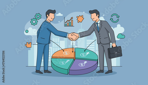 Two businessmen in suits shaking hands over a colorful pie chart representing shared profits and benefits, symbolizing partnership, agreement, and financial success, with gears, puzzle pieces, and