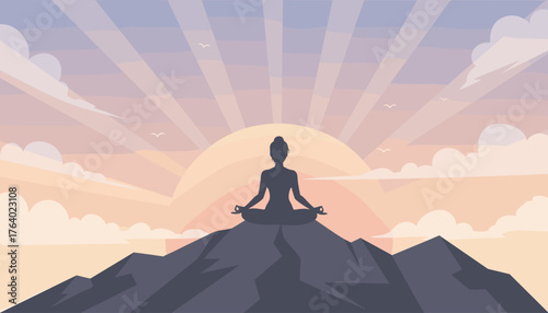Serene silhouette of a woman meditating in a lotus pose atop a majestic mountain peak at sunrise, with warm sun rays and soft clouds creating a peaceful and spiritual atmosphere, symbolizing inner