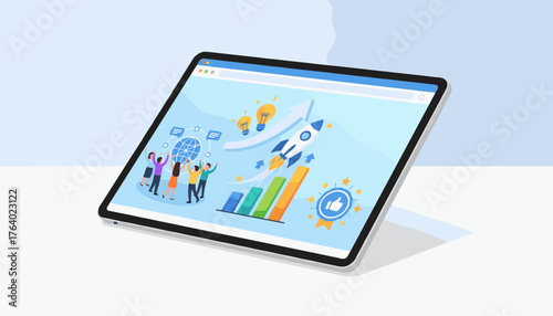 Digital marketing success illustrated on a tablet screen, featuring a team celebrating global connection, a rocket launch symbolizing growth, and a positive review badge, all set against a bright