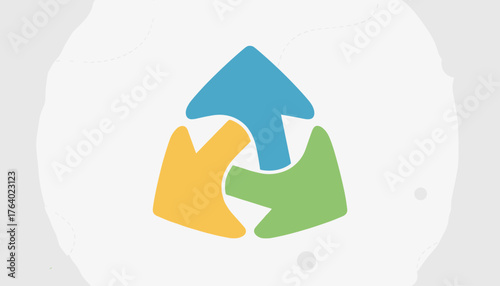 Vibrant and dynamic symbol of teamwork and cooperation, featuring three interlocking arrows in blue, yellow, and green, representing partnership and synergy in a modern, clean design with subtle