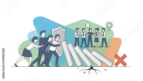 Illustrating the power of teamwork and collective effort in overcoming challenges, a group of business professionals strategically works together to halt a falling domino effect, symbolizing
