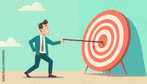 Vivid modern flat vector illustration of a determined businessman in a teal suit and red tie, confidently aiming a dart at the bullseye of a large, orange and white target, symbolizing business