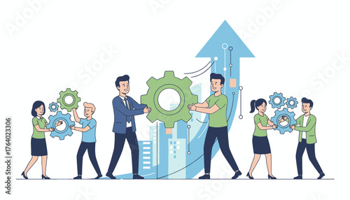 Diverse team of professionals collaborating to assemble gears, symbolizing teamwork, synergy, and business growth, set against a backdrop of a rising arrow graph and city skyline, representing