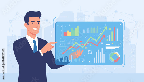 A smiling businessman in a dark suit points to a vibrant, futuristic virtual screen displaying various financial charts, graphs, and data visualizations, representing market analysis and business