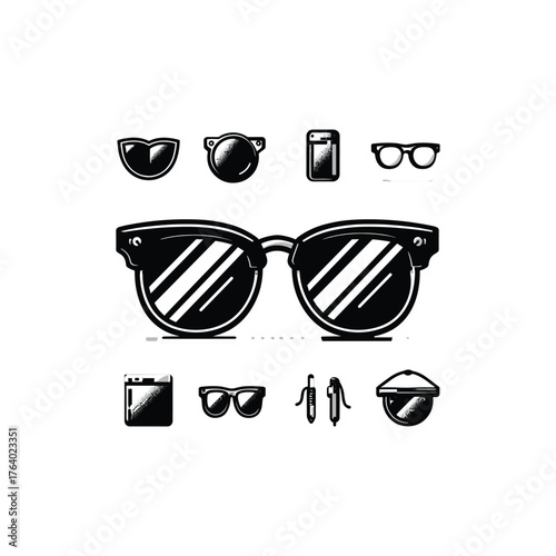 Collection of various sunglasses and eyewear designs, showcasing different styles and shapes.
