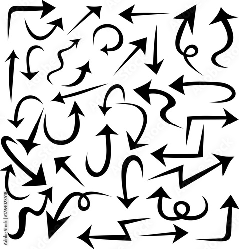 Vector set of hand-drawn arrows and shapes on a transparent background. Sketch style elements for infographics, notes, highlights, and design projects.