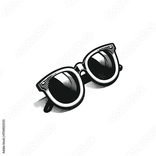 Illustration of sunglasses with white frames and dark lenses on a white background.