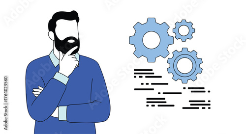 Thoughtful man with beard contemplating gears and technical diagrams concept