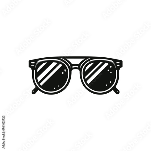 A simple black and white line art icon of stylish sunglasses with reflections on the lenses, isolated on a white background.