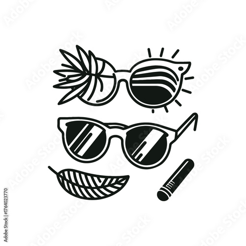 Black and white line art illustration featuring two pairs of sunglasses, one with tropical pineapple and sun elements, alongside a leaf and a cylindrical object, evoking a summer vacation theme.