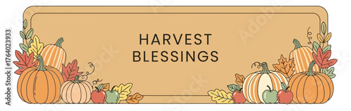 Harvest Blessings banner with pumpkins, apples, and fall leaves on a tan background.