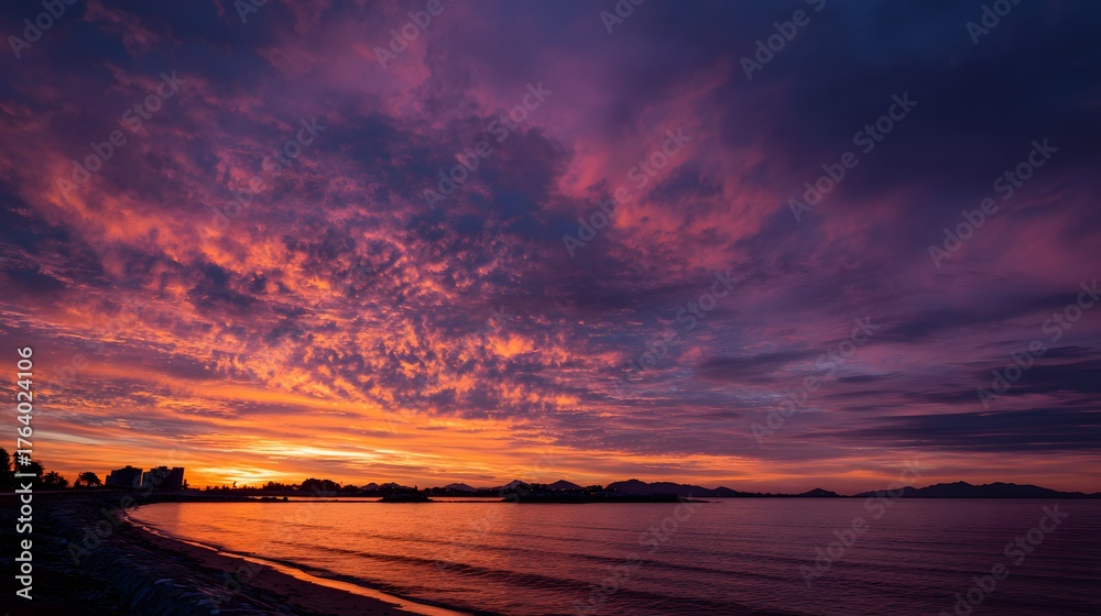 Obraz premium Vivid orange and purple clouds illuminate the sky above a tranquil coastal scene at twilight