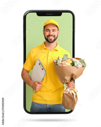 Delivery man with bouquet o...