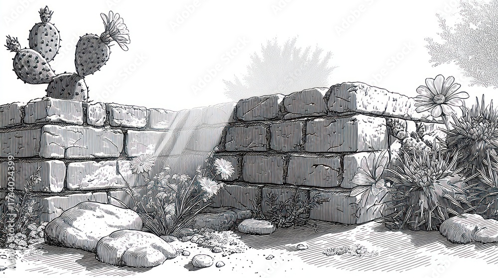 Obraz premium Artistic illustration of an aged stone wall alongside prickly pear cactus and other desert plants