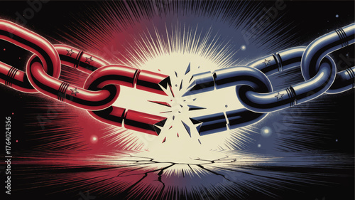 Red and Blue Chains Breaking Apart with Explosive Energy, Political Division Concept, Vector Comic Style, Dark Background