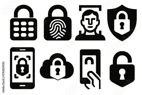 Digital lock basics silhouette set: padlock with keypad, fingerprint on lock, face recognition lock, shield with lock, smartphone with lock, cloud lock, keycard slot, unlock icon.