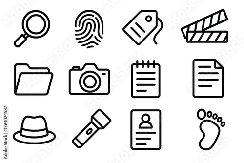 Criminal Investigation outline icon set: magnifying glass, fingerprint, evidence tag, crime scene tape, folder, camera, notepad, document file, detective hat, flashlight, report