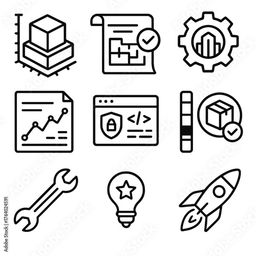 Professional Product Development outline icon set: structured prototype, verified blueprint, corporate gear, enterprise dashboard, data-driven design chart, secure coding window,