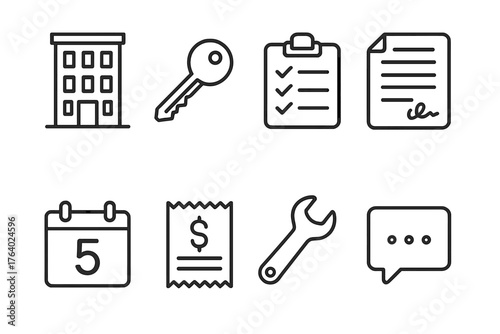 Property Oversight outline icon set: apartment building, key icon, clipboard checklist, lease document, calendar date, payment receipt, maintenance tool, message bubble.