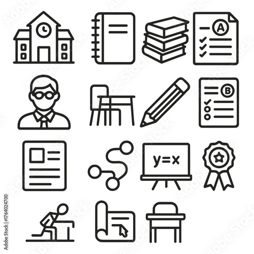 Academic Learning Management outline icon set: school building, notebook, book stack, test paper, teacher avatar, student desk, pencil, grading sheet, assignment icon, learning