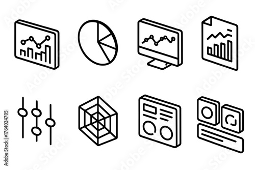 Isometric Data Interface Pack outline icon set: analytics screen, pie dashboard, line monitor, document report, control sliders, radar chart, data widgets, progress tiles.