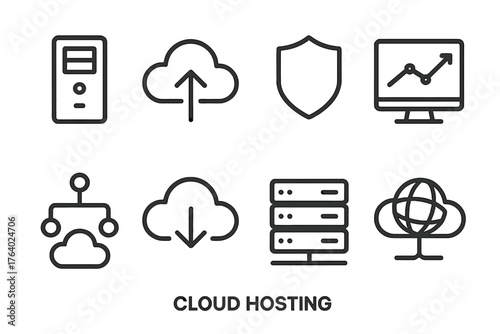 Cloud Hosting outline icon set: server tower, upload cloud, download symbol, shield icon, analytics screen, network flow, data rack, global hosting map.