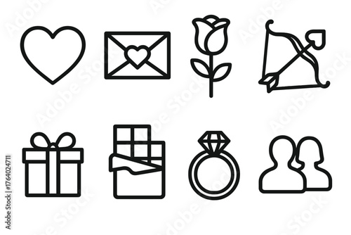 Valentine’s Day App Elements outline icon set: heart icon, love letter icon, rose icon, cupid bow icon, gift box icon, chocolate icon, ring icon, couple silhouette icon.