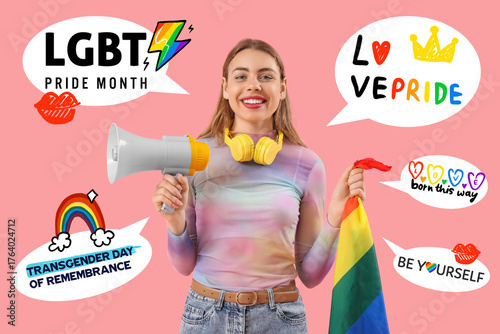 Young woman with LGBT flag ...