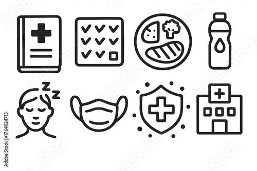 Wellness Maintenance set of icons in doodle hand-drawn vector style: health logbook, daily habit tracker, balanced diet plate, hydration bottle, rest and recovery icon, protective