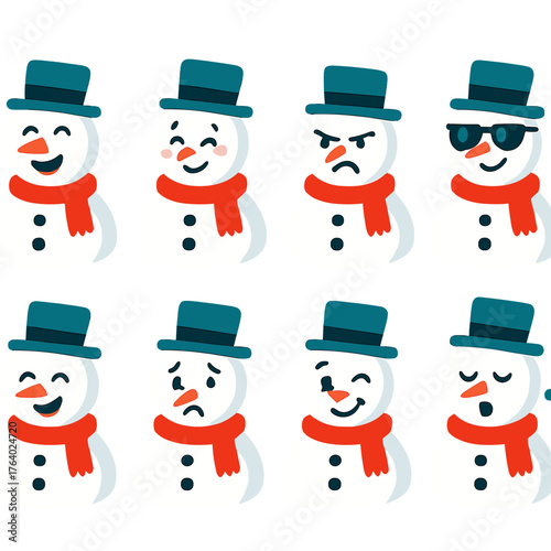 Snowman Expressions flat icons: joyful snowman, shy snowman, angry snowman, cool snowman with sunglasses, snowman giggling, sad snowman, snowman wink, snowman singing.