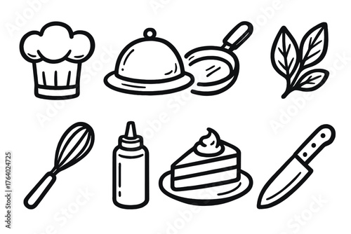 Chef Creations set of icons in doodle hand-drawn vector style: chef hat, plated dish, cooking pan, garnish leaf, whisk icon, sauce bottle, dessert plate, kitchen knife.