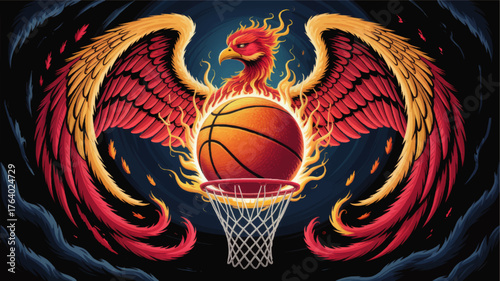 Fiery Phoenix with Flaming Basketball Dunk Illustration – Epic Fantasy Sports Art, Dynamic Mascot Design on Dark Background