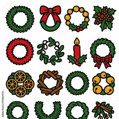 Classic Holiday Door Wreaths silhouette set: fir branch wreath, red velvet bow wreath, gold ornament wreath, holly and pinecone wreath, tinsel wreath, mistletoe wreath, candle-lit