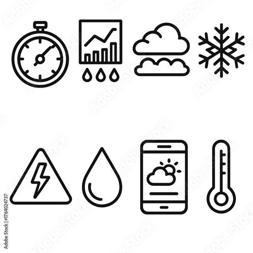 Climate Report outline icon set: barometer, precipitation chart, cloud layers, snow icon, storm warning, humidity droplet, weather app, thermometer.
