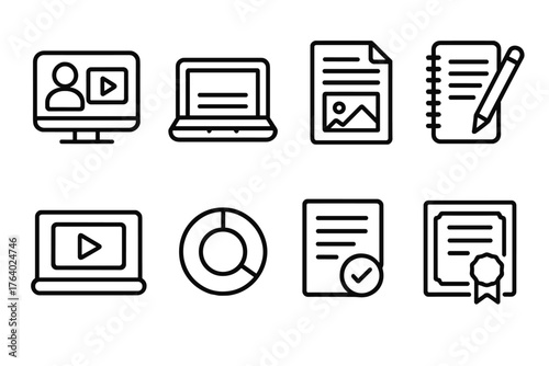 Online Courses outline icon set: digital lesson, open laptop, course content, study notes, video tutorial, progress circle, test completion, certificate icon.