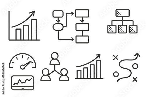 Business Scalable Solutions set of icons in doodle hand-drawn vector style: enterprise growth graph, adaptable process chart, cost-efficiency gauge, scalable architecture,