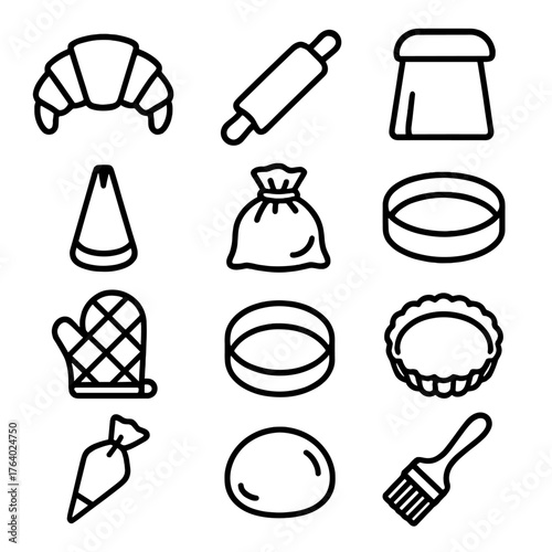 Artisan Pastry outline icon set: croissant, rolling pin, proofing basket, dough cutter, piping nozzle, flour sack, cake ring, tart shell, oven mitt, pastry bag, dough ball, glaze
